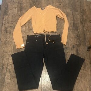 Missguided tan ribbed top dark blue the little house japanese selvedge Jeans